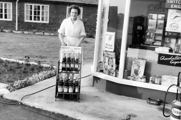 Joan Wayte at the Esso petrol station in Ash Vale in the 1960s