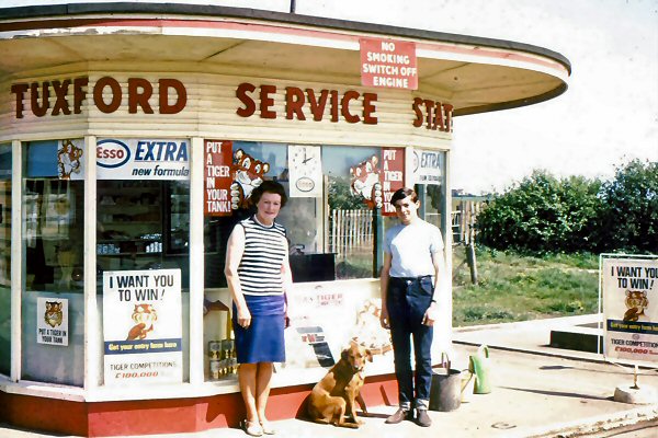 Joan and David Wayte with their dog Sally at the Esso petrol station in Ash Vale in the 1960s